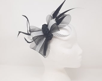 Black and white polka dot ribbon and black rose fascinator on a clip, comb and Alice band