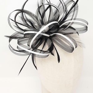 Black Feather Fascinator: Ivory Ribbon, Diamante Bead Cluster
