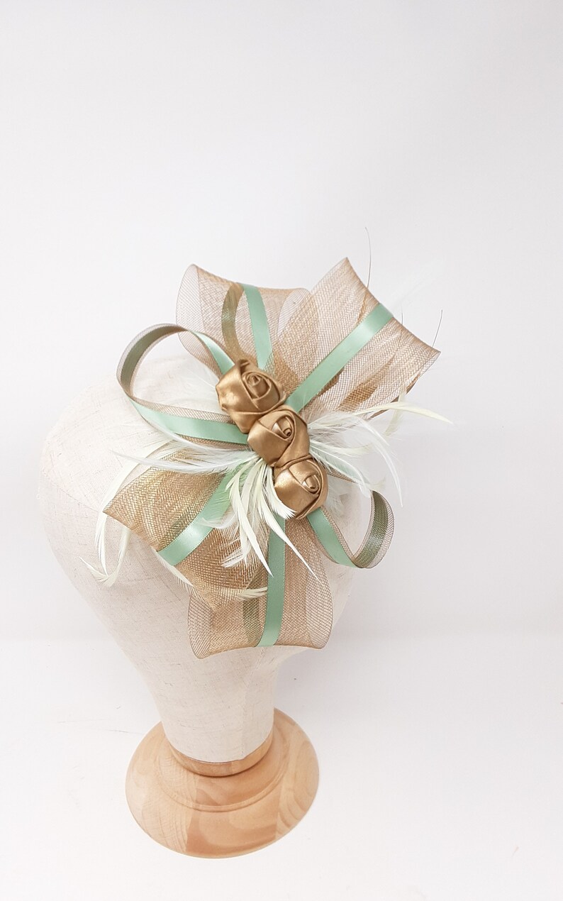 Gold rose and sage green fascinator on a clip, comb and Alice band image 2