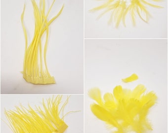 Yellow feathers for hat making, coque, biots, turkey and hackle milinery fascinator DIY.