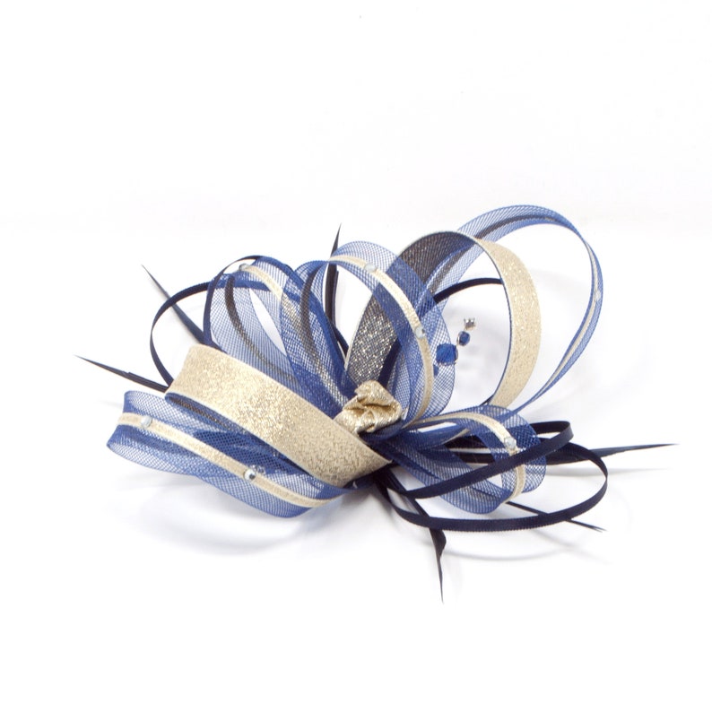 Navy blue fascinator with gold lurex trim and sparkling diamantè with comb, clip, & alice band. image 3