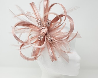 Shimmering metallic rose gold fascinator with diamante. On a clip, comb or Alice band