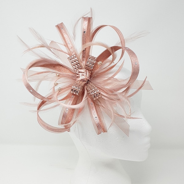 Shimmering metallic rose gold fascinator with diamante. On a clip, comb or Alice band