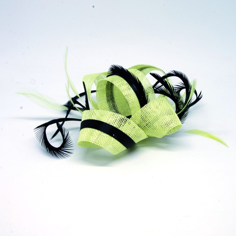 Citrus lime and black fascinator on an clip, comb and Alice band image 2