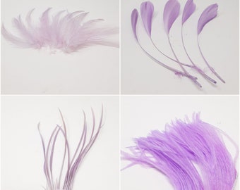 Lilac feathers for hat making, coque, biots, turkey and hackle milinery fascinator DIY.