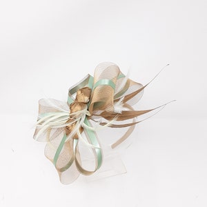 Gold rose and sage green fascinator on a clip, comb and Alice band image 5