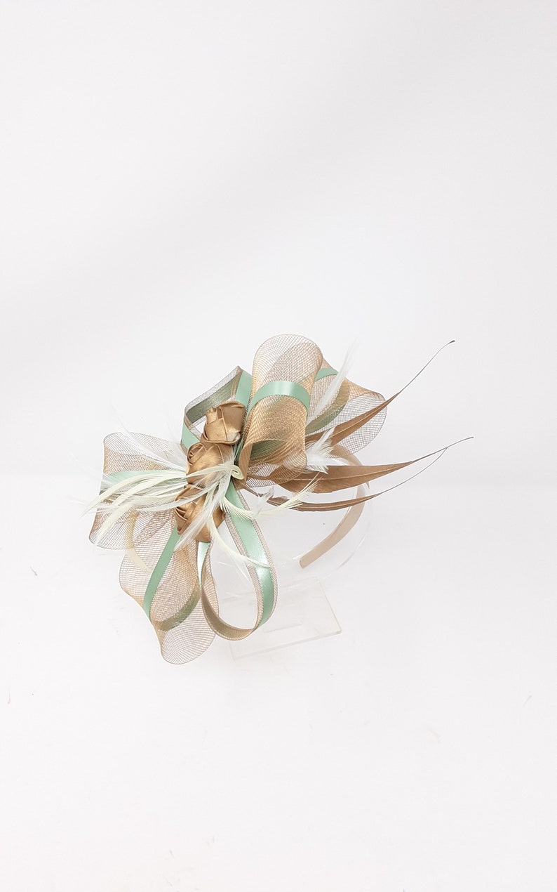 Gold rose and sage green fascinator on a clip, comb and Alice band image 5