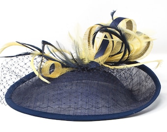 Navy blue and yellow hatinator style fascinator with comb, clip, & alice band.