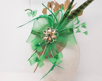 Emerald green and gold, lucky clover ladies day fascinator for races, Kentucky Derby, Ascot , Gold Cup.