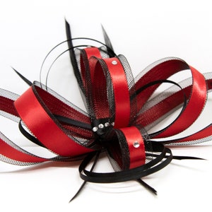Red and black fascinator with sparkling diamantè on a comb, Alice band or clip.