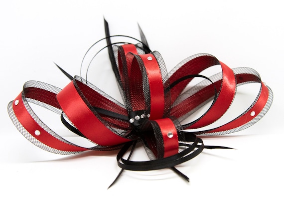 Red and black fascinator with diamante on a clip comb or Alice