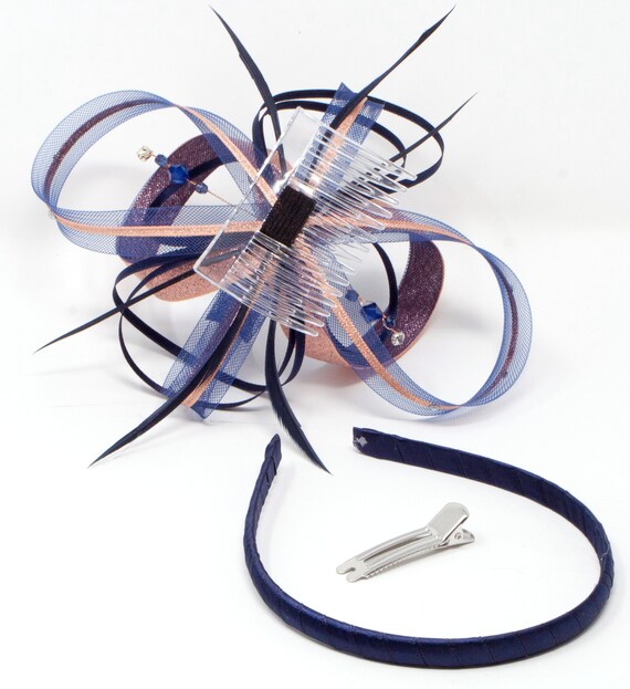 Navy Blue Fascinator With Rose Gold 