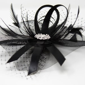 Black fascinator with diamantè brooch on a clip, comb and alice band