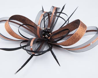 Metallic copper and black fascinator with centre bead cluster and sparkling diamante' on comb, Alice band and clip.