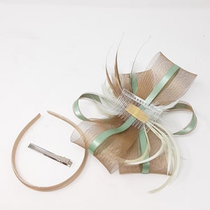 Gold rose and sage green fascinator on a clip, comb and Alice band image 6