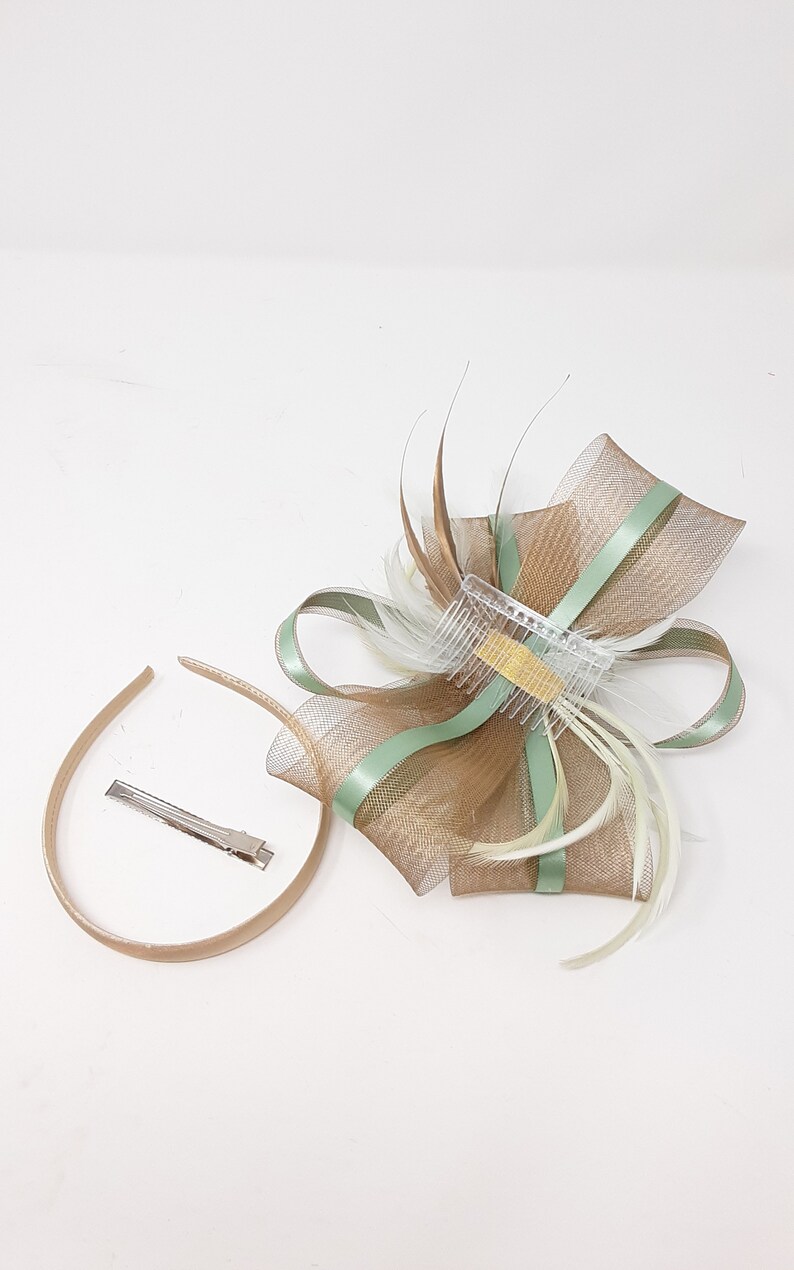 Gold rose and sage green fascinator on a clip, comb and Alice band image 6