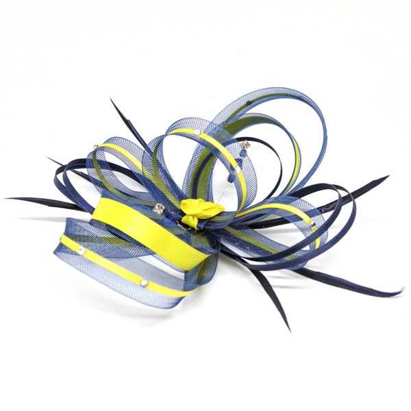 Navy blue and yellow fascinator with diamantè on a comb, clip or Alice band