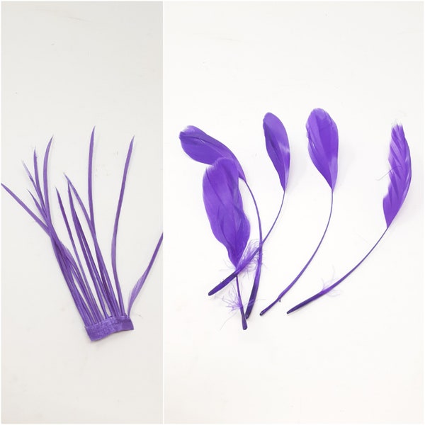 Purple feathers for hat making, coque, biots, turkey and hackle milinery fascinator DIY.