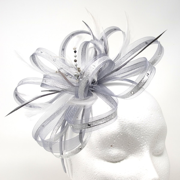 Metallic silver fascinator with centre bead cluster on comb, Alice band or clip.