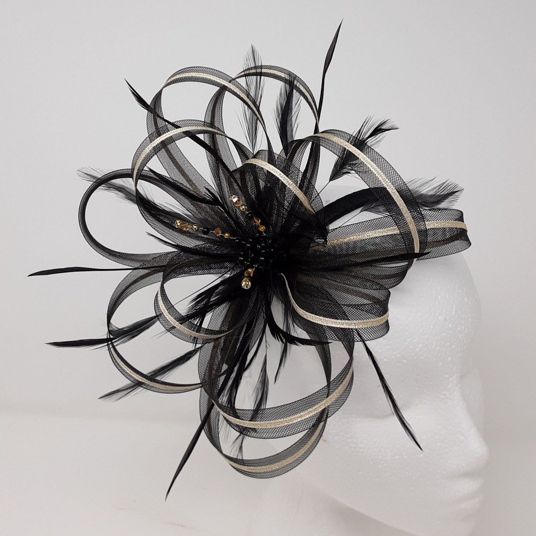 Black and Gold Fascinator With a Touch of Sparkling Diamantè on Clip