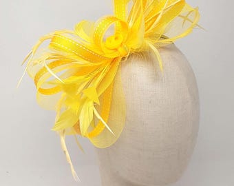 Yellow Fascinator with Feathers, Crinoline | Wedding, Races & Event Headpiece | Interchangeable Mounts