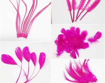 Fuchsia pink feathers for hat making, coque, biots, turkey and hackle milinery fascinator DIY.