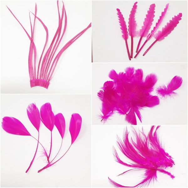 Fuchsia pink feathers for hat making, coque, biots, turkey and hackle milinery fascinator DIY.