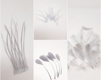 Silver grey feathers for hat making, coque, biots, turkey and hackle milinery fascinator DIY.