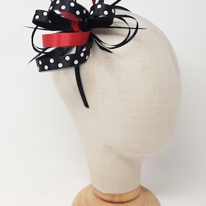 Black, red and white polka dot fascinator on a clip, comb and Alice band