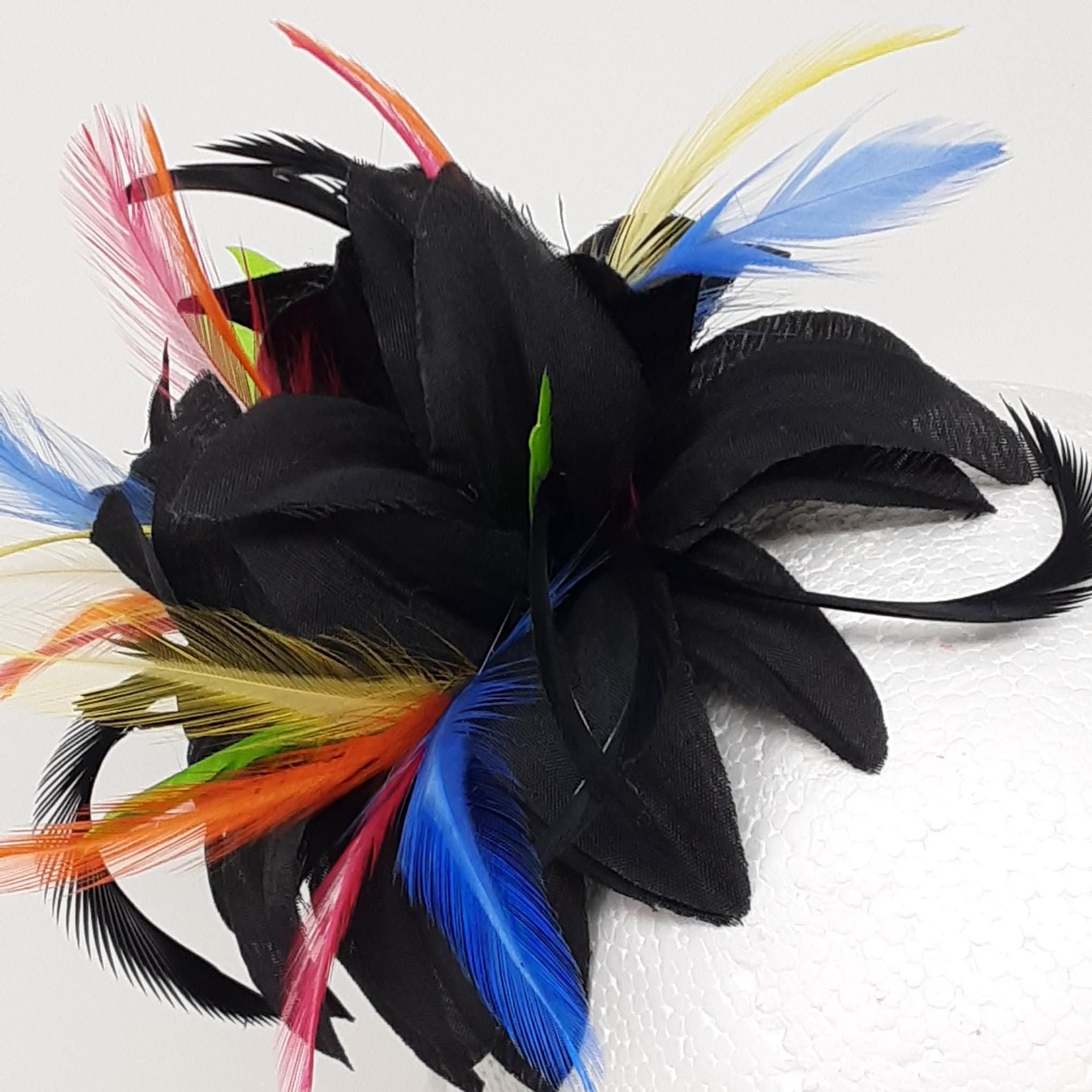 Black Flower and Multi Colour Feather Hair Clip/ Brooch 