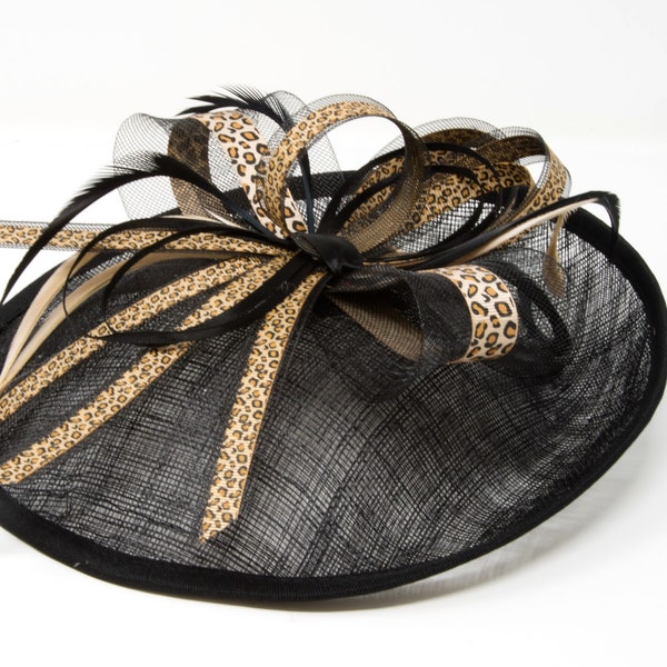 Black leopard print hatinator style fascinator on a clip, comb and Alice band