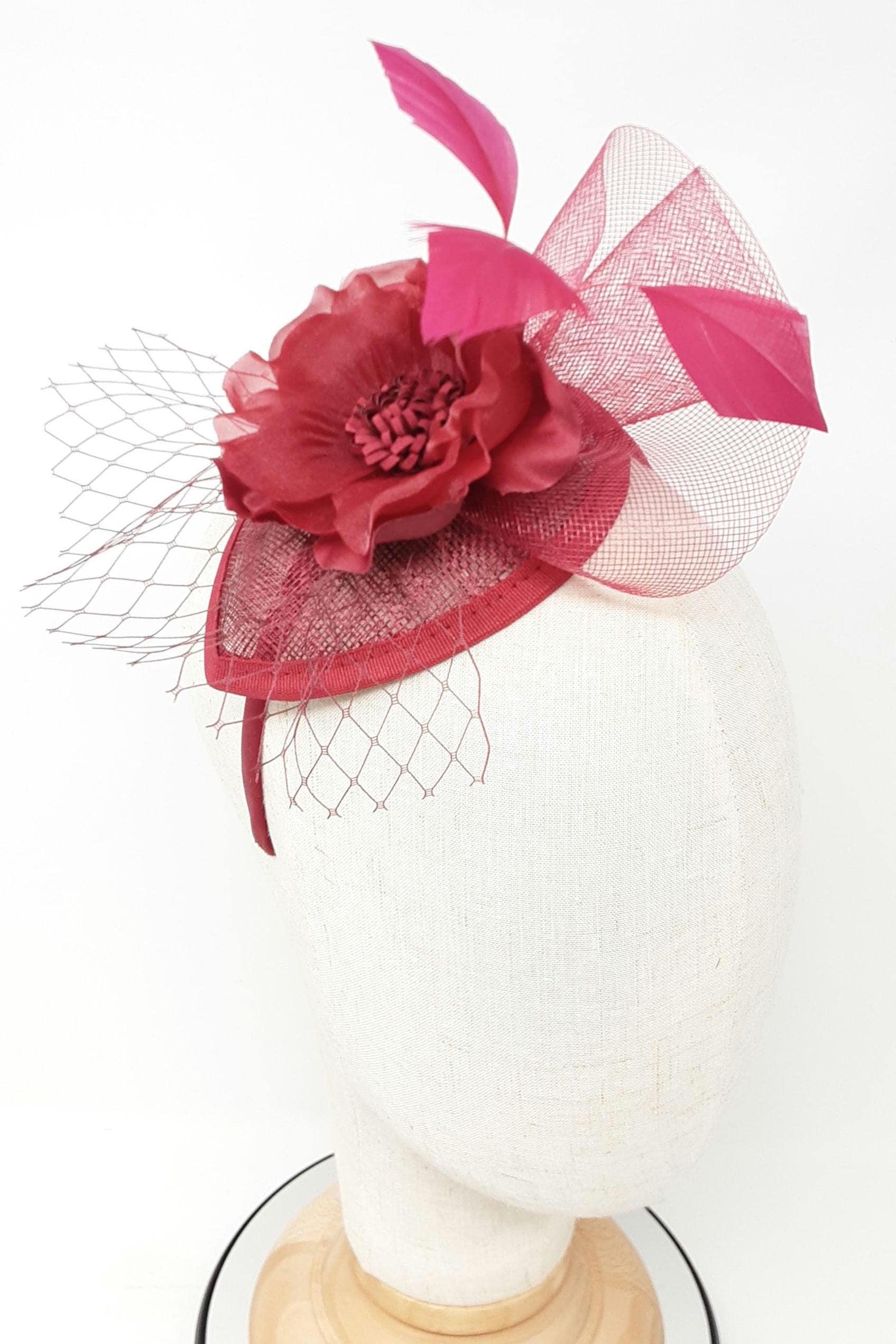 Elegant Burgundy Teardrop Fascinator With Chiffon Flower  display picture 1