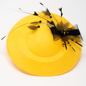 May include: A yellow hat with a black and yellow feather and bow embellishment.