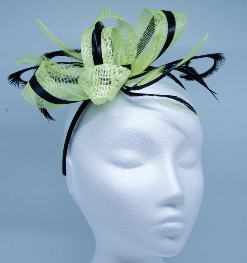 Citrus lime and black fascinator on an clip, comb and Alice band image 4