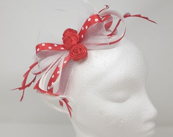 Red and white polka dot ribbon and black rose fascinator on a clip, comb and Alice band