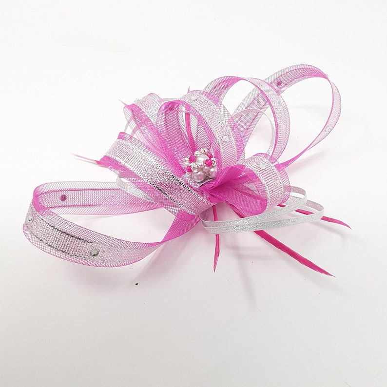 Fuchsia pink fascinator silver metalic ribbon trim, diamantè and centre bead cluster on a comb, clip, & alice band. image 4