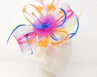 Tropical colours fascinator with centre bead cluster on comb, Alice band and clip.