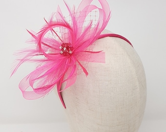 Hot pink fascinator with bead and rhinestone cluster, on a clip, comb and Alice band