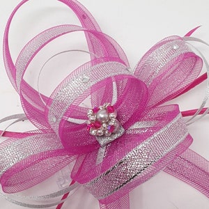 Fuchsia pink fascinator silver metalic ribbon trim, diamantè and centre bead cluster on a comb, clip, & alice band. image 6