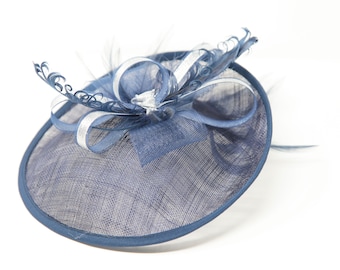 Navy blue and silver hatinator style fascinator with comb, clip, & alice band.