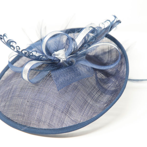 Navy blue and silver hatinator style fascinator with comb, clip, & alice band.