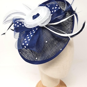 Navy blue and White and polka dot hatinator style fascinator with comb, clip, & alice band.