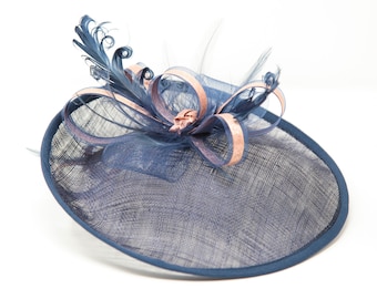 Navy blue and rose gold hatinator style fascinator with comb, clip, & alice band.