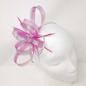 Fuchsia pink fascinator silver metalic ribbon trim, diamantè and centre bead cluster on a comb, clip, & alice band. image 2