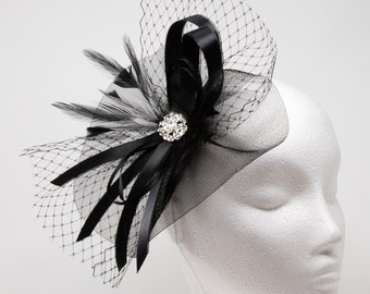 Black fascinator with rhinestone brooch on a clip, comb and Alice band