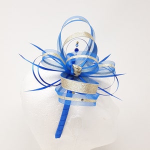 Cobalt blue fascinator with gold lurex trim and sparkling diamantè with comb, clip, & alice band. image 2