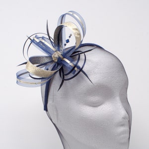 Navy blue fascinator with gold lurex trim and sparkling diamantè with comb, clip, & alice band. image 6