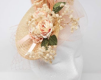 Pretty peach flowers straw percher style fascinator , with a clip, comb and Alice band