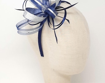 Navy Blue Fascinator: Silver Lurex Trim, Diamante, Interchangeable Mounts