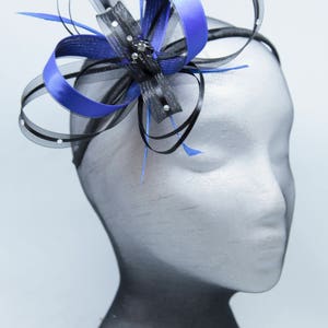 Royal cobalt blue and black fascinator with  bead cluster sparkling diamantè on a comb, Alice band and clip.